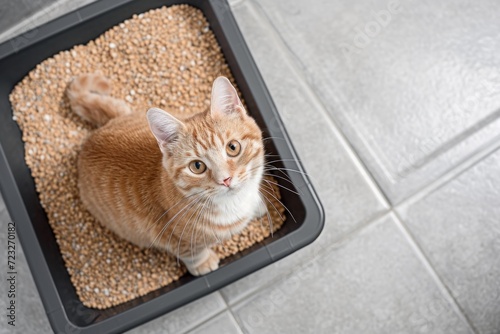 Cat sitting in litter box with sand on bathroom floor viewed from above
