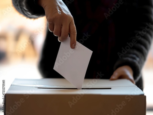Voter holds envelope in hand above vote ballot. Democracy election concept. photo