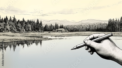 Hand holding a ball pen, writing or drawing, isolated on white background photo