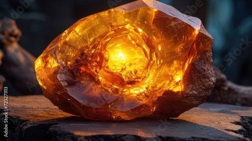 A piece of amber in warm golden tones on a dark background.
