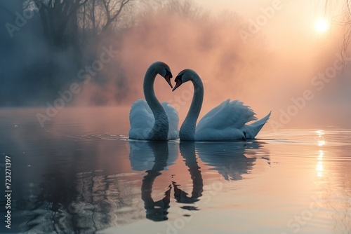 beautiful couple white swan birds swimming together in the lake at foggy sunset or sunrise