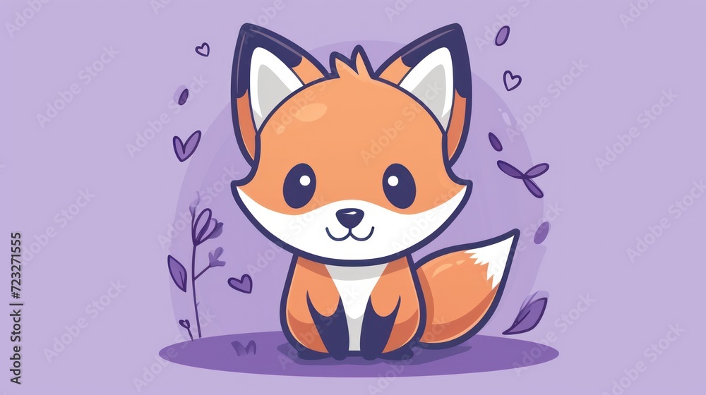 a cute little fox sitting on the ground with leaves around it's neck and a purple background with leaves around it's neck and a purple background with hearts.
