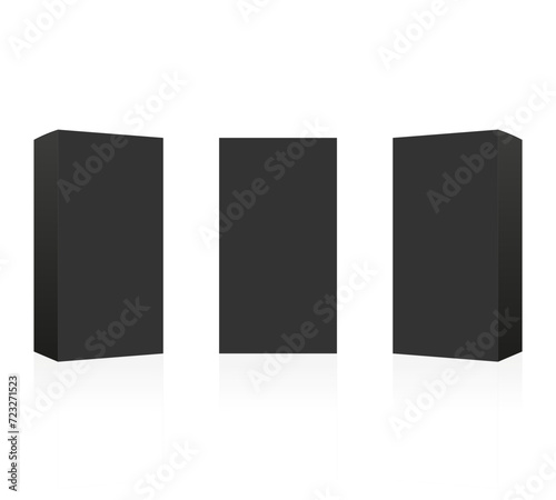Set of black box mockup. Package mock up can be used for medicine and cosmetic. Vector 3D illustration isolated white background.