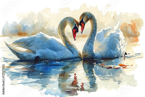 Fototapeta Naklejka Na Ścianę i Meble -  watercolor illustration of beautiful couple white swan birds kissing on the water