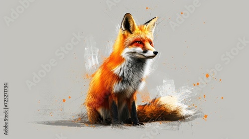  a painting of a red fox sitting on the ground with its head turned to look like it's coming out of the fox's den, with its eyes wide open.