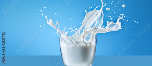 Pouring milk into glass on blue background. Milk Pouring Elegance A Blue Background Delight