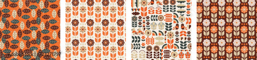 Nordic pattern beige, brow and green color with trees, flowers and geometric elements