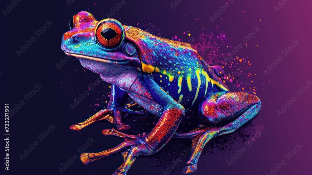 a brightly colored frog sitting on top of a purple and purple