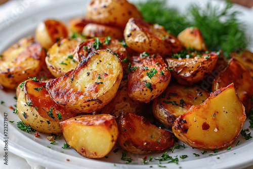 Fototapeta Naklejka Na Ścianę i Meble -  closeup of tasty rustic potatoes with spices on a white plate