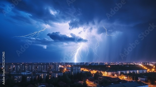 Lightning in the night sky. thunderstorm over the city. stormy dark clouds and rainy weather. photo