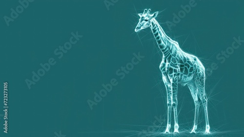  a giraffe standing in the middle of a room with a blue light on it s head and a black and white drawing of a giraffe on it s neck.