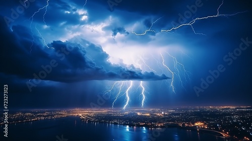 Lightning in the night sky. thunderstorm over the city. stormy dark clouds and rainy weather.