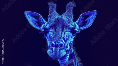  a close up of a giraffe's face with a blue glow on it's face and it's long neck and it's long neck.