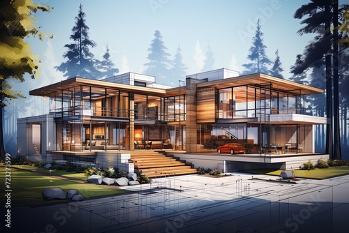 Modern luxury home architecture building sketch 3d illustration background photo