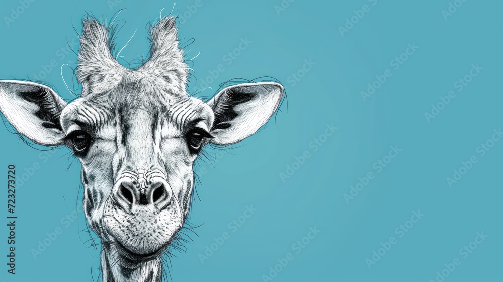  a close up of a giraffe's face on a blue background with a black and white drawing of a giraffe's head on it.