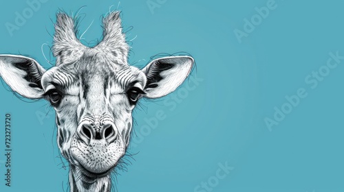  a close up of a giraffe's face on a blue background with a black and white drawing of a giraffe's head on it.