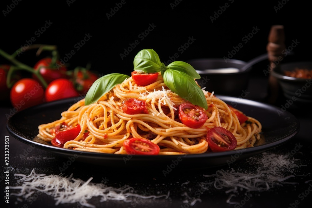 Delicious Spaghetti with a Mediterranean Twist. Served on a Black Plate with Fresh Tomatoes