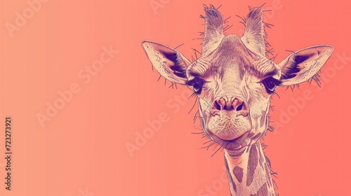  a close up of a giraffe's face on a pink background with a pink background and a pink background with a giraffe's head.