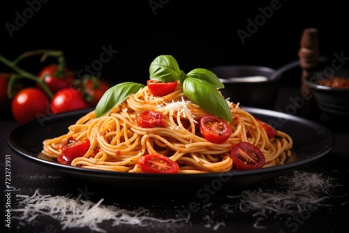 Delicious Spaghetti with a Mediterranean Twist. Served on a Black Plate with Fresh Tomatoes