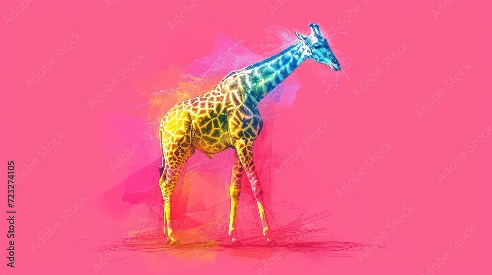  a giraffe standing in front of a pink background with a splash of paint on the back of it's head and neck, with a pink background.