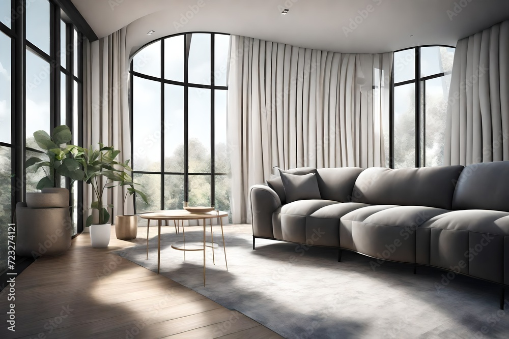 Fototapeta premium Create a design concept for a contemporary living room. Explore furniture styles, color palettes, and layout arrangements that promote a sleek and modern atmosphere.