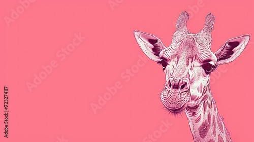  a close up of a giraffe's face on a pink background with a black and white drawing of a giraffe's head on it.