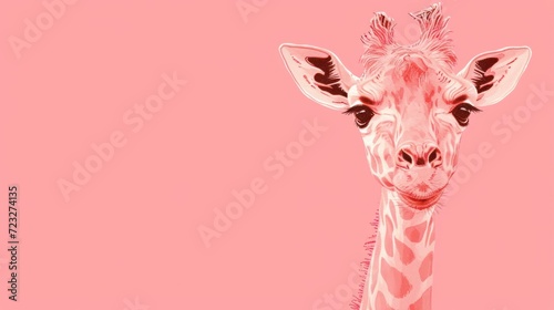  a close up of a giraffe's face on a pink background with a black spot in the middle of the giraffe's eye and a black spot at the top of the giraffe's head.