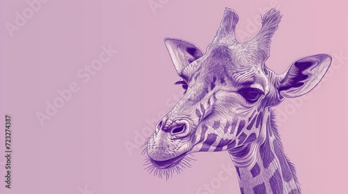  a close up of a giraffe s face on a pink and purple background with a black and white drawing of a giraffe s head.