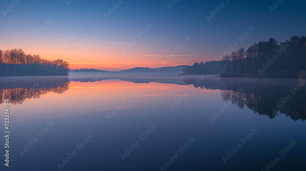 A serene lake at sunrise with a mirror-like reflection of the surrounding landscape.