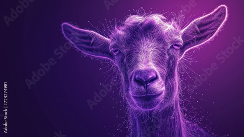  a close up of a goat's face on a purple background with dots of light coming out of the goat's ear and the goat's head.
