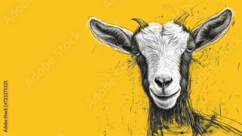 a black and white drawing of a goat's head on a yellow background with a black and white drawing of a goat's head on a yellow background. photo