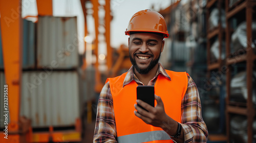 Happy Worker With Safety Gear Using Smartphone on Site