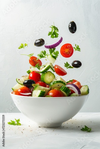 Close-up of Greek salad flying into a bowl against an unusual background. Minimalist illustration. Mediterranean cuisine.