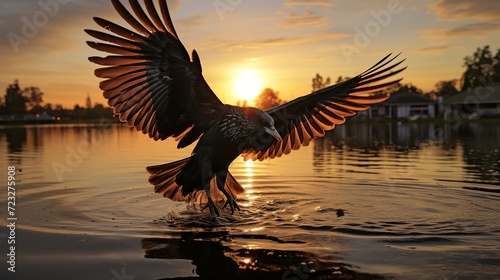 Silhouette of an eagle flying over the lake at a stunning sunset with smoke over the water © ANIS