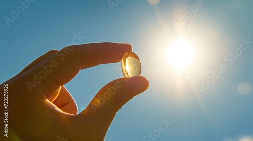 Fish oil capsule, symbolizing vitamin D supplementation. The background is bathed in warm sunlight, emphasizing the importance of vitamin D for a robust immune system and overall health.