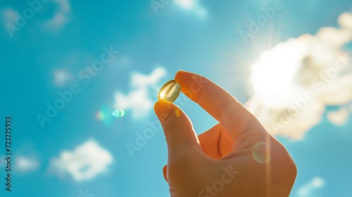 Fish oil capsule, symbolizing vitamin D supplementation. The background is bathed in warm sunlight, emphasizing the importance of vitamin D for a robust immune system and overall health. photo