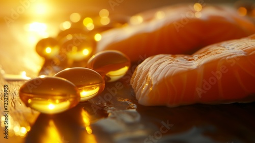 Vitamin D capsule resting on a fresh, oily fish fillet, symbolizing a rich source of Omega-3 fatty acids and essential nutrients for boosting the immune system and maintaining overall health.