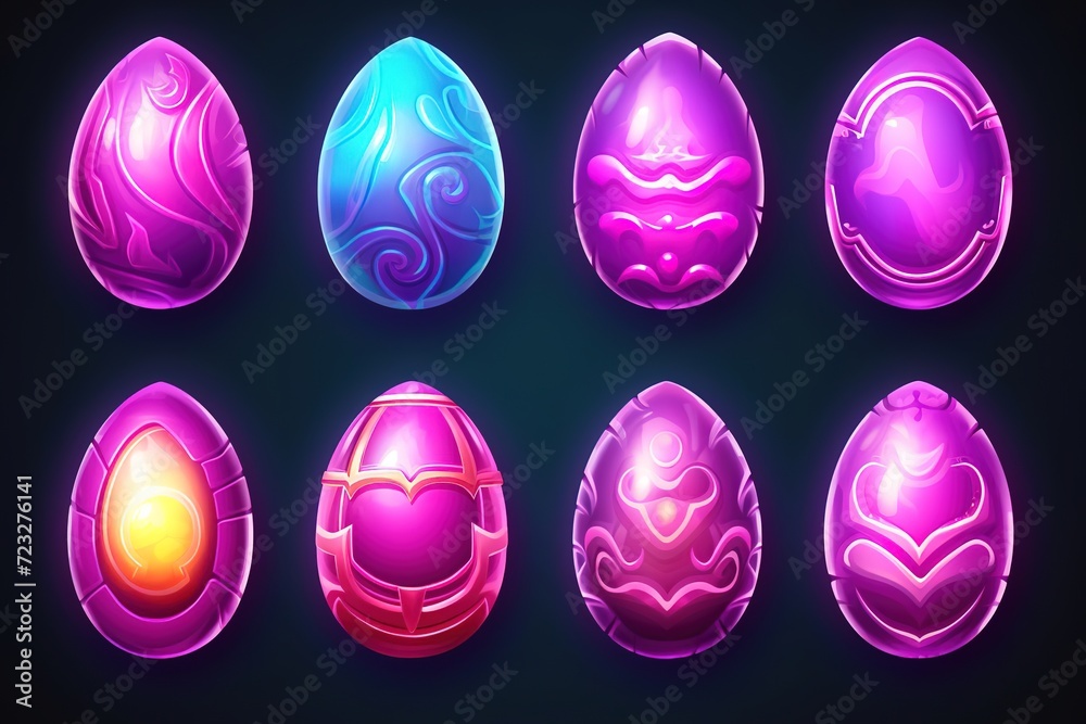 Neon glow on intricately patterned eggs, set colorful Easrer eggs on dark blue background, ready to brighten Easter banners and seasonal creative projects. Neon glow on intricately patterned eggs, set colorful Easrer eggs on dark blue background, ready to brighten Easter banners and seasonal creative projects.