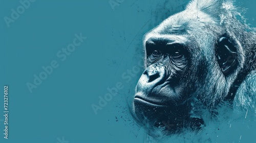  a close up of a monkey's face on a blue background with a splash of paint on the bottom half of the gorilla's face and bottom half of the gorilla's head.
