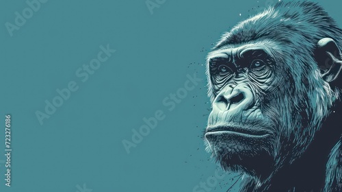  a close up of a monkey's face on a blue background with a splash of paint on the upper half of the face and bottom half of the gorilla's face.
