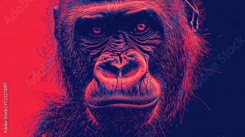  a close up of a monkey's face on a red and blue background with a blurry image of a gorilla's face on it's left side.