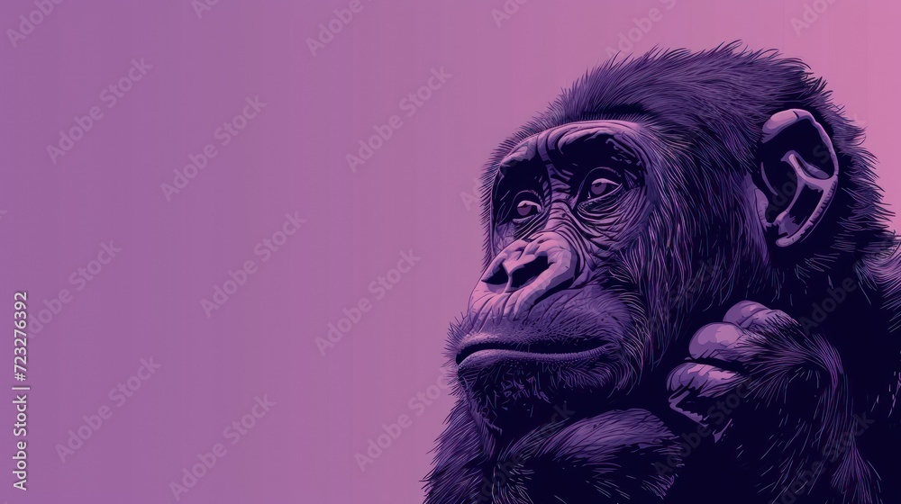  a close up of a monkey on a purple and pink background with a pink background and a pink and purple background with a black monkey on it's face.