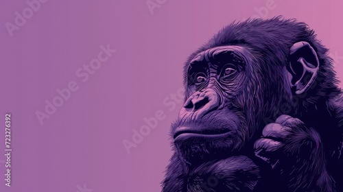  a close up of a monkey on a purple and pink background with a pink background and a pink and purple background with a black monkey on it s face.