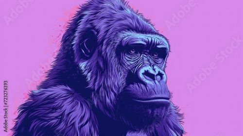  a close up of a monkey on a pink and purple background with a pink background and a blue gorilla on the right side of the image, with a pink background.