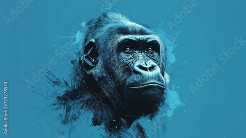  a close up of a monkey's face on a blue background with a splash of paint on the upper half of the face and bottom half of the gorilla's head.