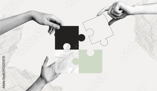Trendy Halftone Collage Hands putting puzzles pieces together. Teamwork concept. Business idea and solution. Partnership relationship. New startup. Career development. Vector contemporary art