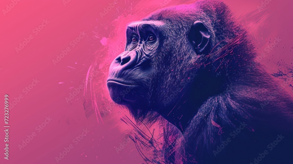 a close up of a monkey's face on a pink and purple background with a splash of paint on the lower half of the face and bottom half of the gorilla's face. a close up of a monkey's face on a pink and purple background with a splash of paint on the lower half of the face and bottom half of the gorilla's face.