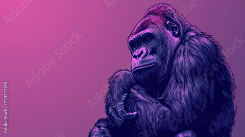  a drawing of a chimpan sitting on top of a tree branch in front of a pink and purple background with a black outline of a gorilla's head.