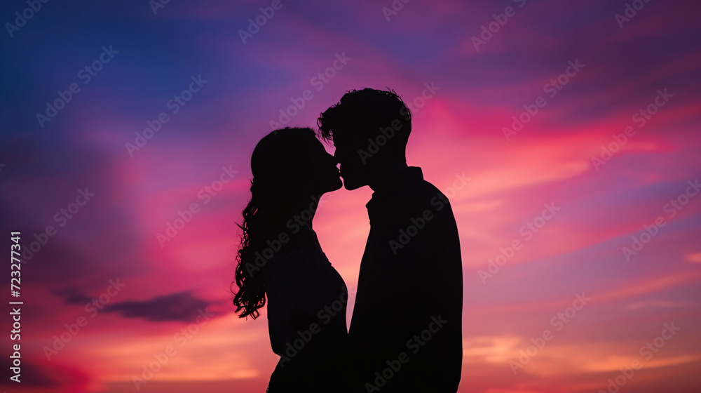 A silhouette of a couple kissing at sunset.