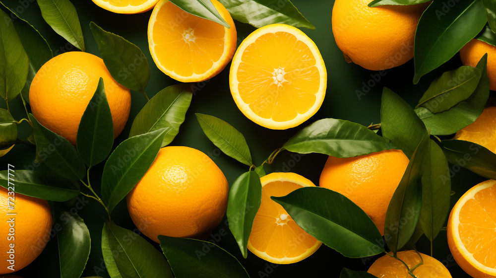 Fresh orange fruits with leaves as background. Fresh and delicious oranges and orange juice
Fresh orange fruits with leaves as background. Fresh and delicious oranges and orange juice
